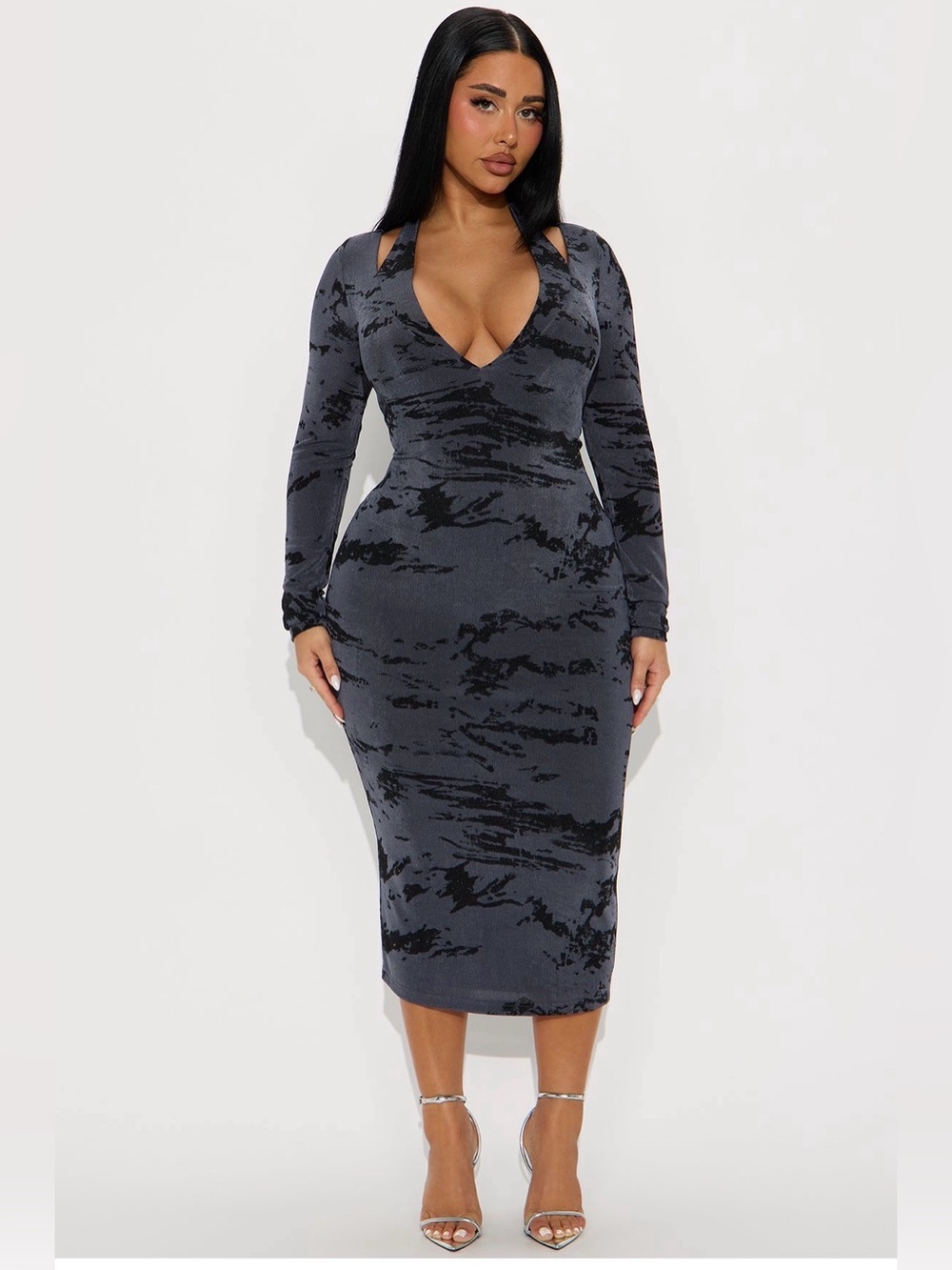 Fashion Nova Charcoal Gray & Black Long Sleeve Bodycon Dress